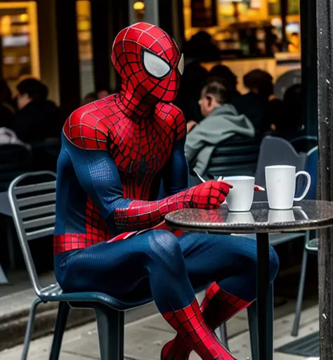 tasm2spdrmn Sitting down at a cafe in a busy spot in the city <lora:tasm2spdrmn_v4:0.75>