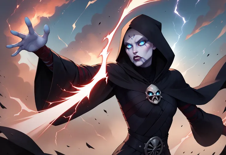 score_9, score_8_up, score_7_up, score_6_up, BREAK wide shot,red sky,dynamic pose,magic,casting spell,red lightning,hands spread,black robes,sith robes,Asajj, blue eyes, (grey skin:1.3), bald,facial mark,glowing eyes,hood <lora:AsajjVentressPDXL_V1-Manityro-adamw:0.8>