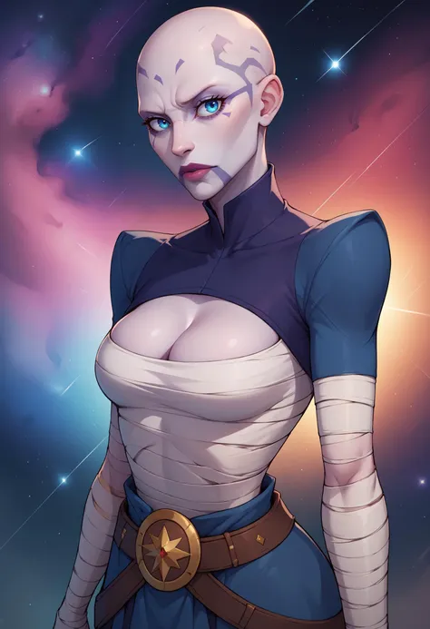 score_9, score_8_up, score_7_up, score_6_up, BREAK dramatic lighting,abstract background,space,nebula,Asajj, blue eyes, grey skin, bald, facial mark,outfit1, cleavage cutout, bandages, shrug \(clothing\), belt  <lora:AsajjVentressPDXL_V1-Manityro-adamw:1>