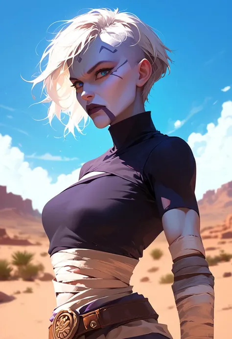 score_9, score_8_up, score_7_up, 1girl, solo, Asajj, blue eyes, grey skin, short hair, white hair, facial mark, <lora:AsajjVentressPDXL_V1-Manityro-adamw:1.0>, outdoors, desert, sun, clouds, looking at viewer, outfit1, bandages, dark purple shrug \(clothing\), belt,,