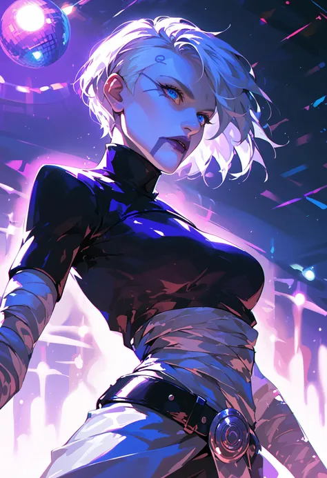 score_9, score_8_up, score_7_up,  oneroom-disco, wide shot, Asajj, blue eyes, grey skin, short hair, white hair, facial mark, nightclub, disco ball, bandages, dark purple shrug \(clothing\), belt, <lora:AsajjVentressPDXL_V1-Manityro-adamw:1.0>,,