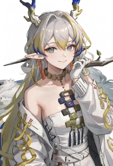 best quality, masterpiece, highres, solo, {shu_arknights:0.90}, 1girl, bare_shoulders, looking_at_viewer, off_shoulder, closed_mouth, jewelry, smile, white_background, collarbone, long_sleeves, open_jacket, white_dress, simple_background, hair_intakes, hand_up, strapless, white_coat, white_jacket, yellow_gloves