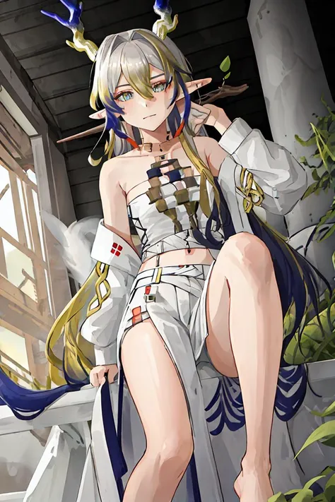 best quality,masterpiece,highres,
{shu_arknights:0.9},1girl,sitting,from below,barefoot,<lora:shu_arknights:1>, shu_arknights,long_hair,multicolored_hair,horns,blonde_hair,pointy_ears,very_long_hair,blue_hair,earrings,blue_eyes,grey_hair,dragon_horns,hair_between_eyes,bangs,