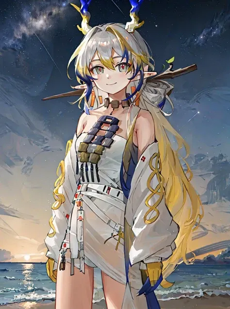 best quality,masterpiece,highres,solo,{shu_arknights:0.9},{night:1.1},{starry sky:1.1},beach,beautiful detailed sky,{extremely detailed background:1.2},{standing:1.1},looking at viewer,{bikini:1.3},light smile,<lora:shu_arknights:1>,