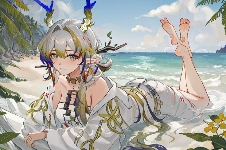 twintail hair, medium breasts, naked, laying on the sand, blushing, full body, on the beach, masterpiece ,very detailed, armpits, cat ears, cat tail, sweaty