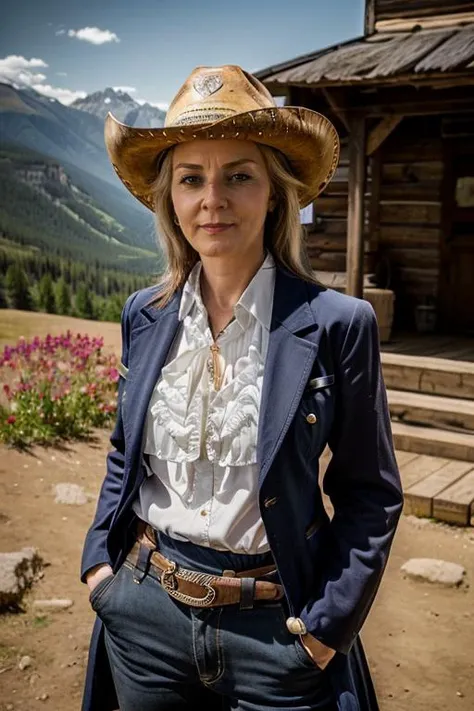 a mature L1873T cowboy costume , mountain , day <lora:Liz_Truss:1> masterpiece, best quality, detailed face,, 1girl, solo, l1873t, realistic,