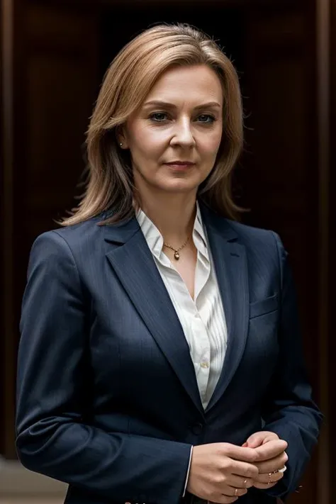 <lora:Liz_Truss:1> masterpiece, best quality, detailed face, 1woman, solo, a mature l1873t, realistic, business suit