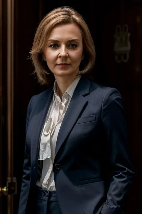 <lora:Liz_Truss:1> masterpiece, best quality, detailed face, 1woman, solo, a mature l1873t, realistic, business suit