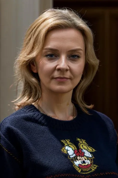 <lora:Liz_Truss:1> masterpiece, best quality, detailed face, 1woman, solo, a mature l1873t, realistic, disney jumper