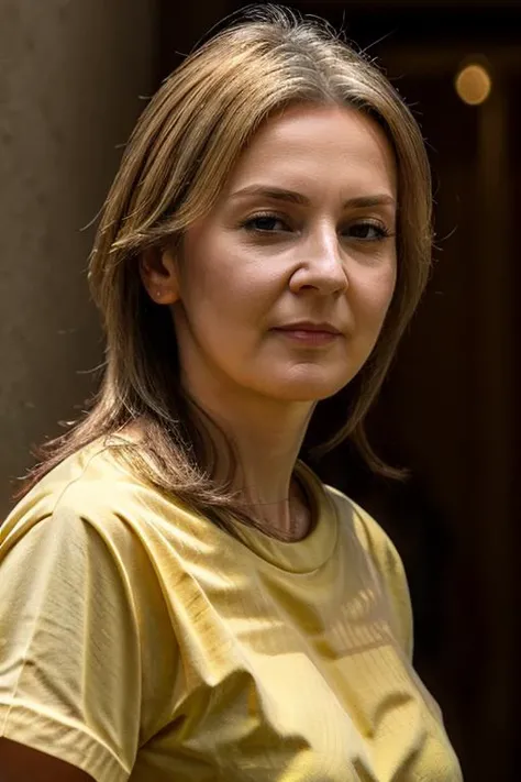 <lora:Liz_Truss:1> masterpiece, best quality, detailed face, 1woman, solo, a mature l1873t, realistic, yellow t-shirt