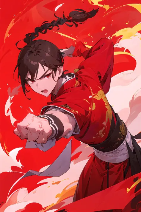Masterpiece, 1boy, close up, wear red hanfu, Chinese Traditional cloth,bald,  head, hair braid, Fist to Fist ,Fist bump, red background, fire flame effect, ink painting style, dynamic pose, battle pose, open hand, good hand <lora:DynamicKungfu:0.8>