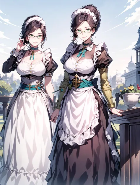 highly detailed, best quality, masterpiece, beautiful woman, mature milf woman, SEXUAL SMILE, 1girl, golf bangle, yuri alpha, green eyes, brown hair, glasses <lora:Yuri Alpha v1_1:1>, maid dress