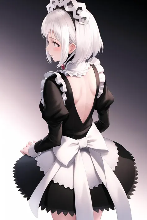 masterpiece, best quality, <lora:FEFatesMaid_v1:1>, fates maid, maid, maid headdress,
1girl, solo, standing, back, from above, looking to the side, white hair, short hair