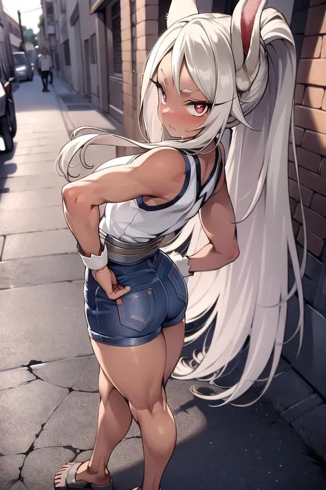 ((masterpiece)), (best quality), (full body):2.0, beautiful, extremely detailed face, perfect lighting,looking to viewer, bunny ears,white hair, red eyes,long hair,1girl, ultra-detailed, 8k, masterpiece world theater, textured skin, beautiful detailed face, beautiful detailed eyes, ambient light, realistic shadows, beautiful detailed pupils, cute,arched back,street background,sunlight,detail fingers,mature female,casual wear,denim shorts,,blush,hands on hips,embarrassed,ponytail, <lora:mirkoMyHeroAcademia_vThickThighs:1>