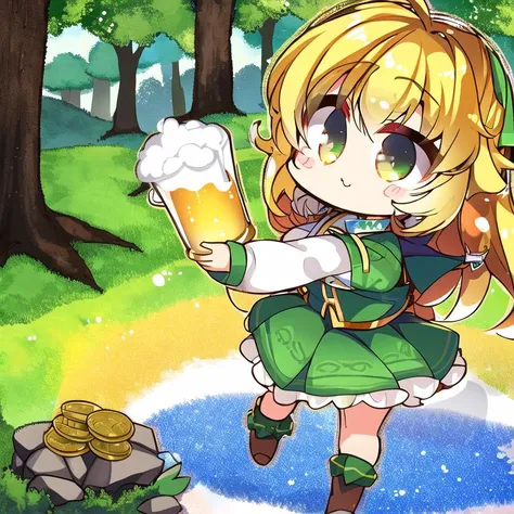 <lora:yuzusoft-chibiV2:1>, cute leprechaun girl, sunbeam forest, holding beer mug, gold coins, rainbow