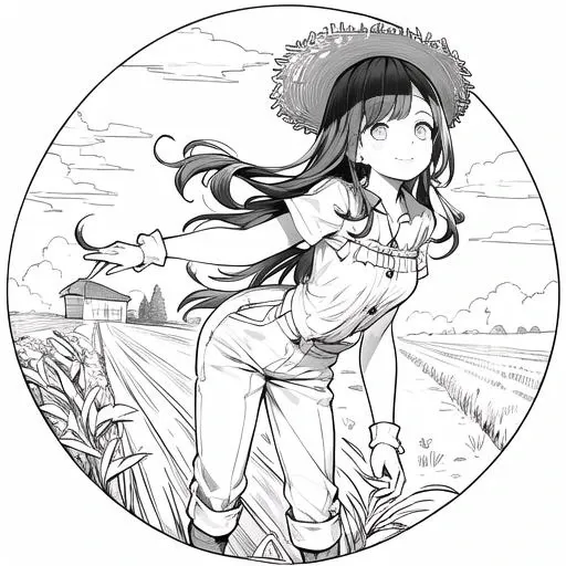 masterpiece, best quality, (4k), 1girl, young girl, solo focus, average height, slim build, {work clothes:1.5}, long pants, deep black hair, cropped short, dark brown eyes, glowing with determination, tanned skin, strong hands, practical clothing, caveralls, designed for agricultural work, sturdy trousers underneath, little skin exposure, rural life, naturally wavy hair, innocent large green eyes, gloves when working, dainty fingertips, work clothes made from local materials, dyed with plants, straw hat, worn leather boots, beautiful face, innocent smile, reflects gentle nature, lineart, monochrome {detailed clothing}, {detailed body}, {correct body anatomy} <lyco:GoodHands-beta2:1.0> <lora:animeoutlineV4_16:1> <lora:add_detail:0.3>