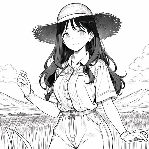 masterpiece, best quality, (4k), 1girl, young girl, solo focus, average height, slim build, {work clothes:1.5}, long pants, deep black hair, cropped short, dark brown eyes, glowing with determination, tanned skin, strong hands, practical clothing, caveralls, designed for agricultural work, sturdy trousers underneath, little skin exposure, rural life, naturally wavy hair, innocent large green eyes, gloves when working, dainty fingertips, work clothes made from local materials, dyed with plants, straw hat, worn leather boots, beautiful face, innocent smile, reflects gentle nature, lineart, monochrome {detailed clothing}, {detailed body}, {correct body anatomy} <lyco:GoodHands-beta2:1.0> <lora:animeoutlineV4_16:1> <lora:add_detail:0.3>