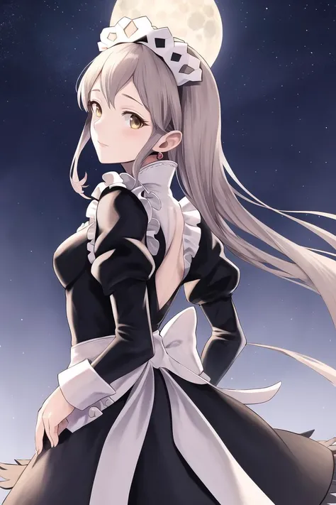 masterpiece, best quality, <lora:FEFatesMaid_v1:1>, fates maid, maid, maid headdress,
1girl, solo, standing, back, from side, looking back, hand up, moon, starry sky