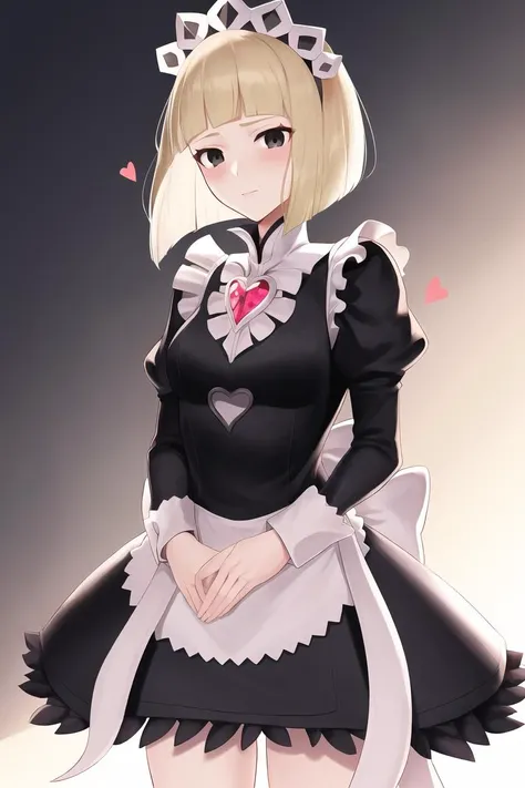 masterpiece, best quality, <lora:FEFatesMaid_v1:1>, fates maid, heart, maid, maid headdress, maid apron, enmaided,
1girl, solo, standing, blonde hair, short hair, bob cut, hime cut, black eyes, red gem, shaded face, backlighting