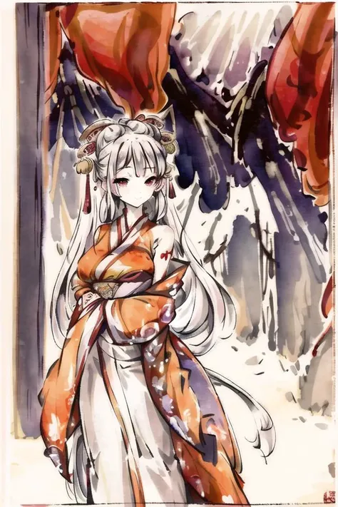 masterpiece, best quality, 1girl, 1man, yellow eyes, long hair, white hair, red kimono, large breasts, topless, light smile, arms behind back, nature, hair ornament, animal ears, bridge, nipples, <lora:Moxin_10:1>, shukezouma, negative space, , shuimobysim , <lora:shukezouma_v1_1:0.8>, portrait of a woman standing , willow branches, (masterpiece, best quality:1.2), traditional chinese ink painting, <lora:shuimobysimV3:0.7>, modelshoot style, peaceful, (smile), looking at viewer, wearing long hanfu, hanfu, song, willow tree in background, wuchangshuo,