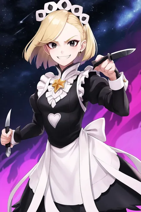 masterpiece, best quality, <lora:FEFatesMaid_v1:1>, fates maid, maid, maid headdress, maid apron, enmaided,
1girl, solo, standing, blonde hair, short hair, bob cut, hime cut, black eyes, red gem, darkness, dark, night, starry sky, evil grin, dark, aura, dark aura, menacing \(jojo\), evil smile, fighting stance, clenched hand, knife, holding knife