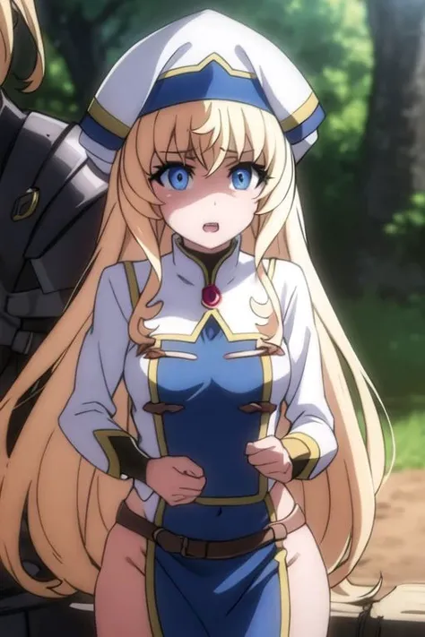 ((small breasts)), (torn clothes), deep cleavage, sfw, covered breasts, best quality, masterpiece, highres, solo, {priestess_goblinslayer}, slim figure, blonde_hair, long_hair, blue_eyes, hat, bangs, open_mouth, 1boy, 1girl, armor, tight clothes, torn clothes
(anime style), masterpiece, best quality, ultra-detailed, ray tracing, HDR, deph of field, (perfect face, detailed face, detailed eyes), 8k, HD, ultra realistic face, best quality, ultra-detailed, shiny eyes, fair skin, notably long eyelashes, (realistic eyes), perfect face, high quality face
