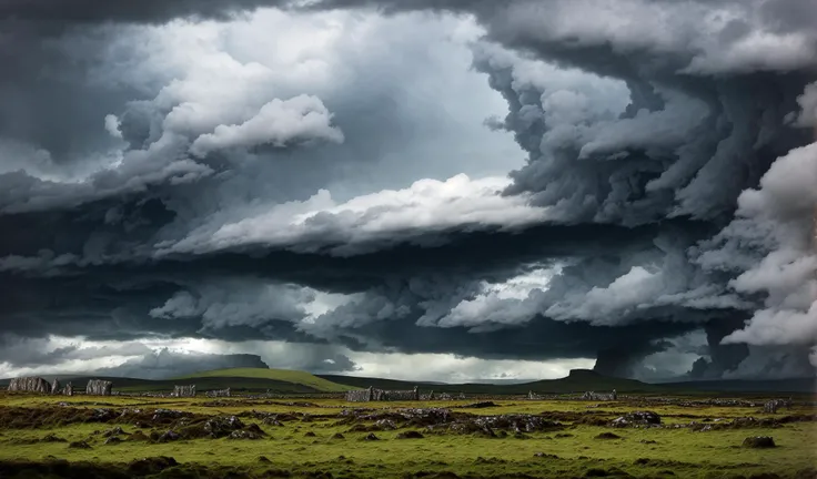 Irish landscape, storm clouds, mythical giants, the burren background,