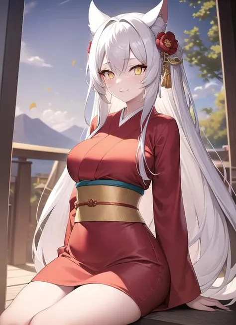 masterpiece, best quality, 1girl, yellow eyes, long hair, white hair, sitting, red kimono, large breasts, light smile, arms behind back, nature, hair ornament, animal ears, bridge,