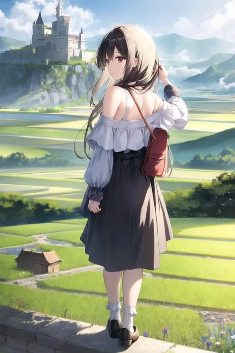 masterpiece,highres,extremely detailed CG unity 8k wallpaper, best quality, ultra-detailed,,(best shadow), woman, landscape,flower, off-shoulder dress,long hair,adjusting hair,floating hair,meadow, sunlight,day,cloudy sky,standing,castle,((from behind)), vanishing point ,field, rural, rice paddy,looking at landscape, panorama,overlook,socks,(high contrast:0.8),(((distant view))),blurry foreground,shoulder bag,