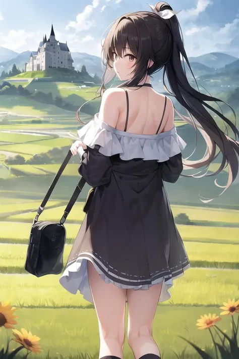 masterpiece,highres,extremely detailed CG unity 8k wallpaper, best quality, ultra-detailed,,(best shadow), woman, landscape,flower, off-shoulder dress,long hair,adjusting hair,floating hair,meadow, sunlight,day,cloudy sky,standing,castle,((from behind)), vanishing point ,field, rural, rice paddy,looking at landscape, panorama,overlook,socks,(high contrast:0.8),(((distant view))),blurry foreground,shoulder bag,