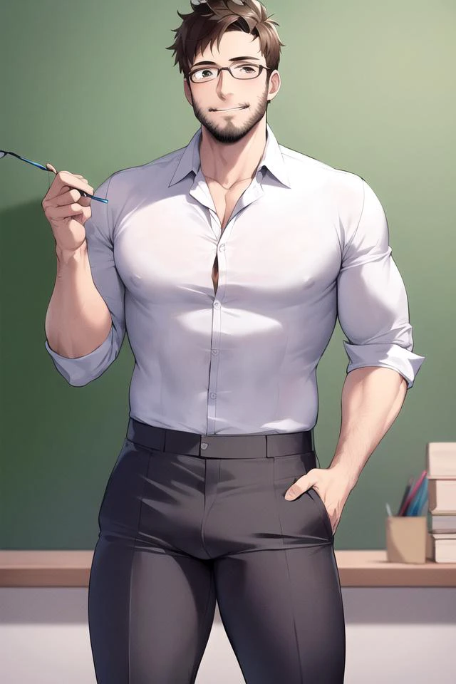 masterpiece, 1boy, daddy, teacher, teacher_uniform, eyeglasses, open pants zip, hairy, bulge, uniform, extremely detailed background, best quality, very detailed