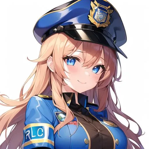 1girl, anime, full body, armband, badge, blue_eyes, blue_headwear, blue_jacket, blush, brown_hair, buttons, emblem, gloves, hat, jacket, kepi, medium_breasts, long_hair, police, police_hat, police_uniform, shirt, smile, uniform, extremely detailed background, best quality, very detailed, masterpiece,