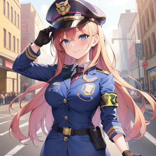 1girl, anime, full body, armband, badge, blue_eyes, blue_headwear, blue_jacket, blush, brown_hair, buttons, emblem, gloves, hat, jacket, kepi, medium_breasts, long_hair, police, police_hat, police_uniform, shirt, smile, uniform, extremely detailed background, best quality, very detailed, masterpiece,
