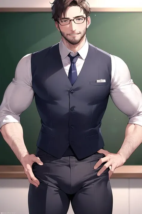 masterpiece, 1boy, daddy, teacher, teacher_uniform, eyeglasses, unfastened pants, hairy, bulge, uniform, extremely detailed background, best quality, very detailed