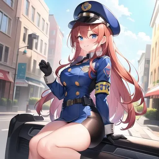 1girl, anime, full body, armband, badge, blue_eyes, blue_headwear, blue_jacket, blush, brown_hair, buttons, emblem, gloves, hat, jacket, kepi, medium_breasts, long_hair, police, police_hat, police_uniform, shirt, smile, uniform, extremely detailed background, best quality, very detailed, masterpiece,