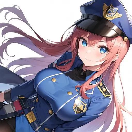1girl, anime, full body, armband, badge, blue_eyes, blue_headwear, blue_jacket, blush, brown_hair, buttons, emblem, gloves, hat, jacket, kepi, medium_breasts, long_hair, police, police_hat, police_uniform, shirt, smile, uniform, extremely detailed background, best quality, very detailed, masterpiece,