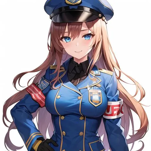 1girl, anime, full body, armband, badge, blue_eyes, blue_headwear, blue_jacket, blush, brown_hair, buttons, emblem, gloves, hat, jacket, kepi, medium_breasts, long_hair, police, police_hat, police_uniform, shirt, smile, uniform, extremely detailed background, best quality, very detailed, masterpiece,