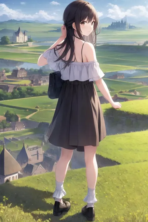 masterpiece,highres,extremely detailed CG unity 8k wallpaper, best quality, ultra-detailed, (best shadow), woman, mature, landscape,flower, off-shoulder dress, long hair,adjusting hair,floating hair,meadow, sunlight,day,cloudy sky,standing,castle,((from behind)), vanishing point ,field, rural, rice paddy,looking at landscape, panorama,overlook,socks,(high contrast:0.8),(((distant view))),blurry foreground,shoulder bag,