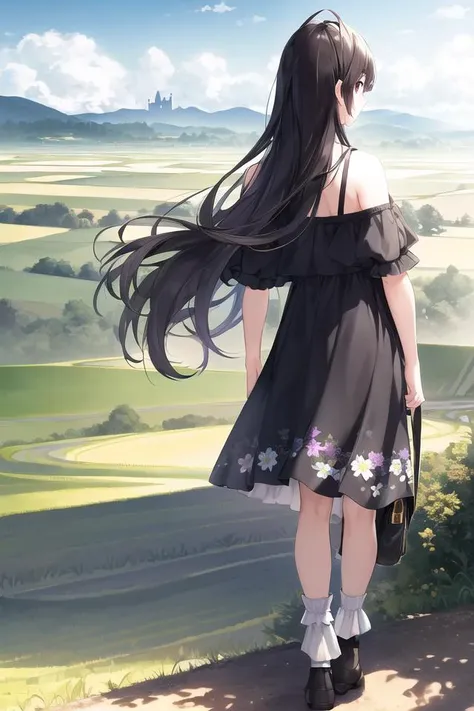 masterpiece,highres,extremely detailed CG unity 8k wallpaper, best quality, ultra-detailed, (best shadow), woman, mature, landscape,flower, off-shoulder dress, long hair,adjusting hair,floating hair,meadow, sunlight,day,cloudy sky,standing,castle,((from behind)), vanishing point ,field, rural, rice paddy,looking at landscape, panorama,overlook,socks,(high contrast:0.8),(((distant view))),blurry foreground,shoulder bag,