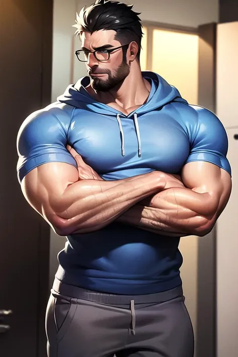 masterpiece, realism, best quality, locker room, muscle daddy wearing grey sweatpants and hoodie, eyeglasses, blue eyes, flexing, side profile, crossed arms, mature, standing, flaccid penis, hairy pecs, hairy arms, trousers down, ((cum:1)), <lora:onlycocksV10_v10:0.55>