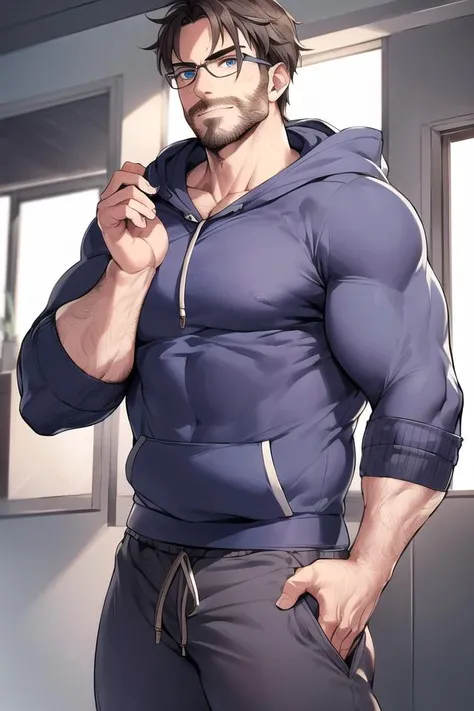 masterpiece, great quality, muscle hairy daddy wearing grey sweatpants and hoodie, eyeglasses, blue eyes, flexing