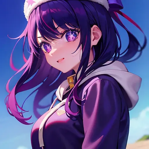 ((1girl, solo)), purple hair, long hair, purple eyes, grey, (((white hoodie))), +_+, long sleeves, bangs, smile, (((parted lips))), hood down, (badge on hat), symbol-shaped pupils, looking at viewer, details eyes, absurdres, half body, <lora:hoshinoAiOshiNoKo_v11:1>, ((blue sky)), top view, (day time, sunny)