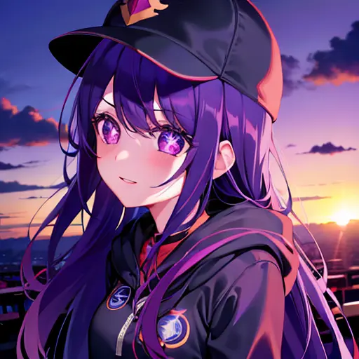 ((1girl, solo)), purple hair, long hair, purple eyes, grey, +_+, long sleeves, smile, (((parted lips))), hood down, (badge on hat), symbol-shaped pupils, looking at viewer, details eyes, absurdres, half body, <lora:hoshinoAiOshiNoKo_v11:1>, ((sunset)), top view, (day time, sunny)