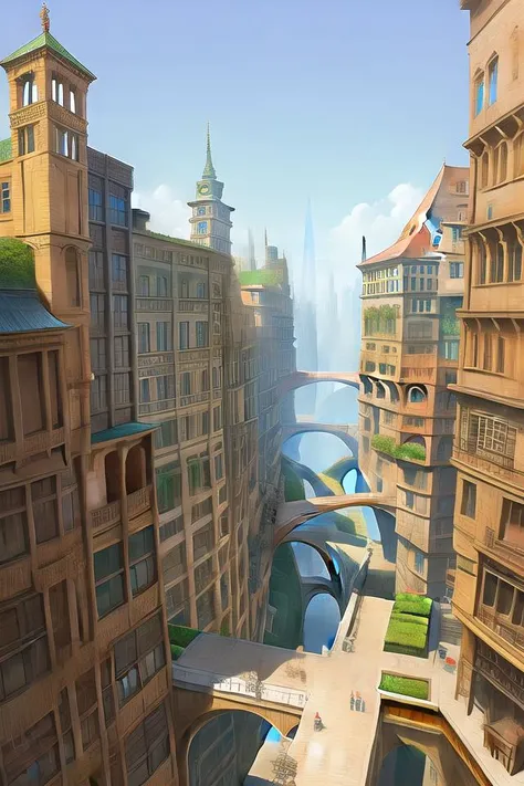 ((masterpiece)),((best quality)),((high detial)),((realistic,)) Industrial age city, deep canyons in the middle, architectural streets, bazaars, Bridges, rainy days, steampunk, European architecture