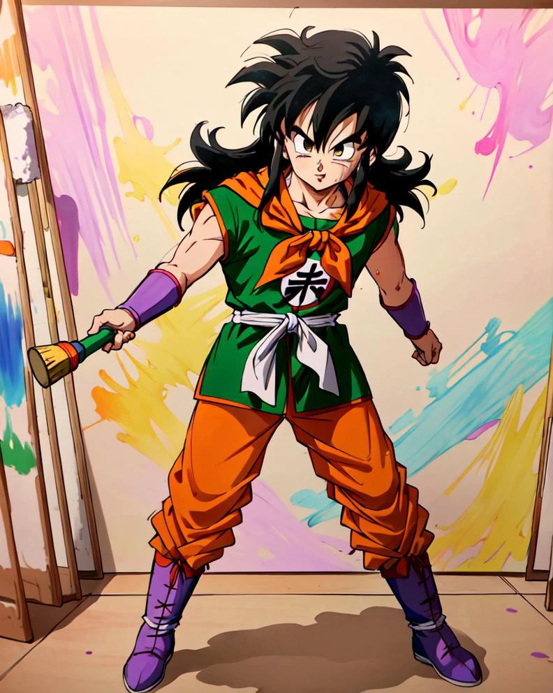 <lora:yamcha_v1_1:0.8>, yamcha, black hair, black eyes,long hair, sidelocks,bangs, green tunic, orange pants, white sash, ribbon, orange neckerchief, purple armguards, blue boots, kanji, full body, , 8k, paint strokes, doodle, drawn <lora:doodle:0.6>, (masterpiece:1.0), messy, colored chalk, scribble, colorful,