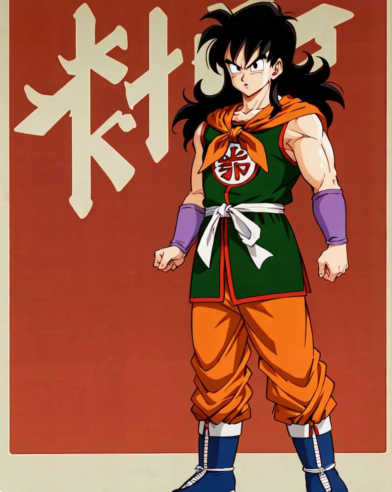 <lora:yamcha_v1_1:0.8>, yamcha, black hair, black eyes,long hair, sidelocks,bangs, green tunic, orange pants, white sash, ribbon, orange neckerchief, purple armguards, blue boots, kanji, full body, , 8k, colorful,