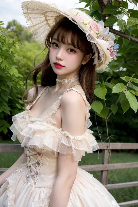 (outdoors, lolita_dress, cowboy shot),  realistic_skin, healthy_skin,  highest detailed, realistic lighting, best quality, masterpiece, a woman, looking at viewer, <lora:lolitaFashionDress_v10:0.7>  <lora:koreandolllikenessV20_v20:.7>