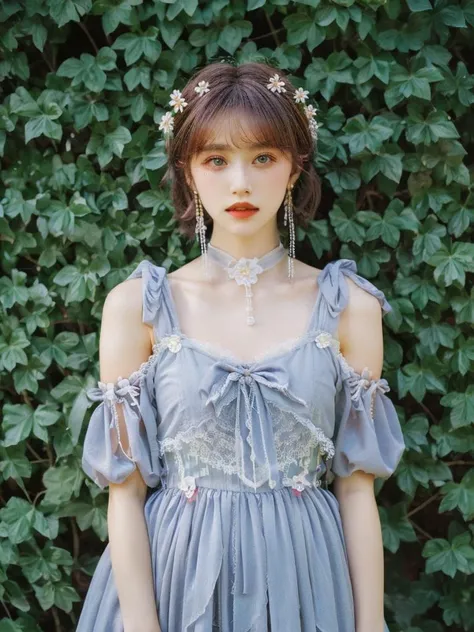 1girl, solo, Sleek and straight with blunt cut ends, Turquoise head chain, (upper body:1.1),(looking at viewer:1.1), Spring, An ivy-covered wall becomes a photo backdrop, <lora:Style_FilmG4:0.8>,filmg , lolita_dress, <lora:Cloth_lolitaFashionDress_v11:0.5>