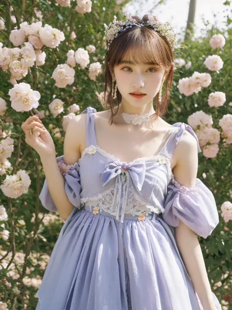 1girl, solo, Layered haircut with tousled ends, Floral crown, dangle beaded earrings, (upper body:1.1),(looking at viewer:1.1), Spring, A secret garden hides behind a gate, <lora:Style_FilmG4:0.8>,filmg , lolita_dress, <lora:Cloth_lolitaFashionDress_v11:0.5>