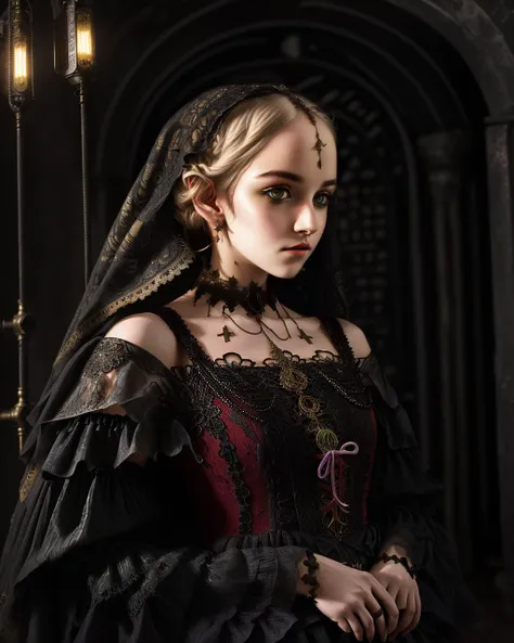 a half body of a beautiful and mysterious and enigmatic girl (((very beautiful face))), beautiful eyes, godness, Rembrandt lighting, epic realistic, faded, (hdr), hyperdetailed, cinematic, , intricate details  <lora:gothic_lolita_dress_v10:1>